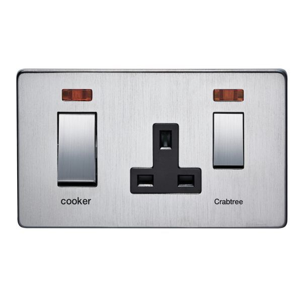 Crabtree Platinum 7521/3SC 45A DP Switch + Socket Satin with Neon Chrome