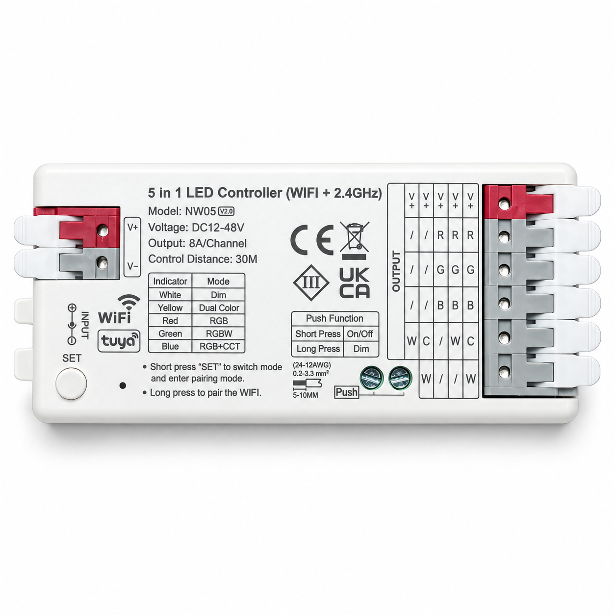 Ener-J 5-in-1 WiFi & RF LED Strip Controller – Tuya App, RGB / RGBW / RGBCCT, 12–48V DC
