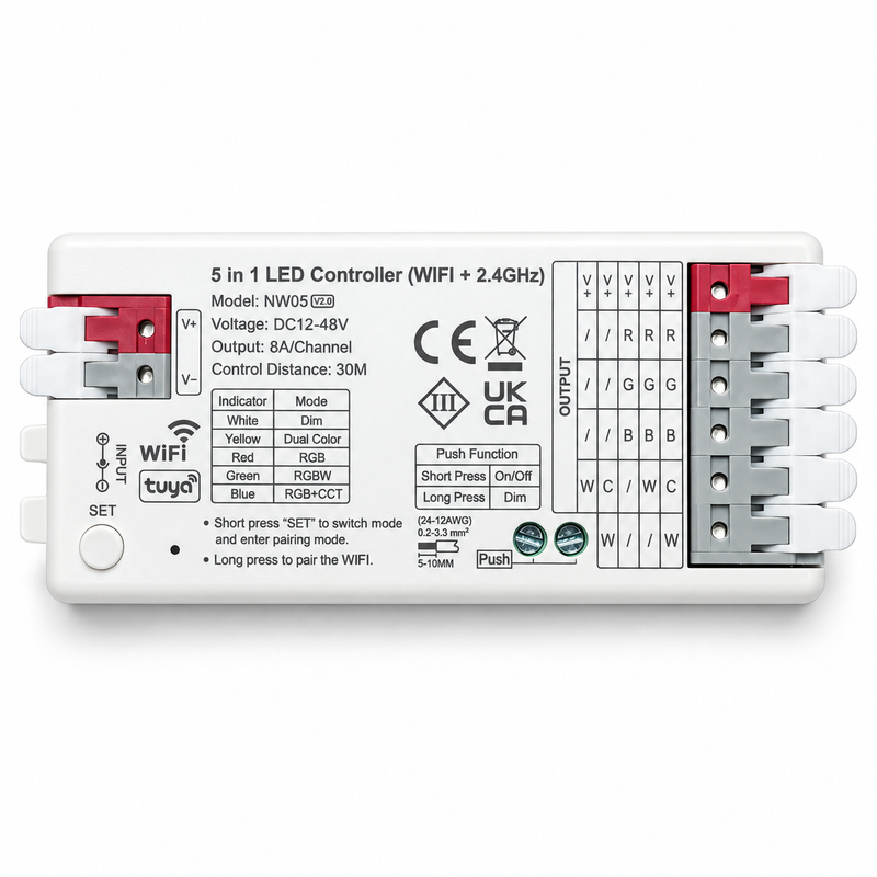 Ener-J 5-in-1 WiFi & RF LED Strip Controller – Tuya App, RGB / RGBW / RGBCCT, 12–48V DC
