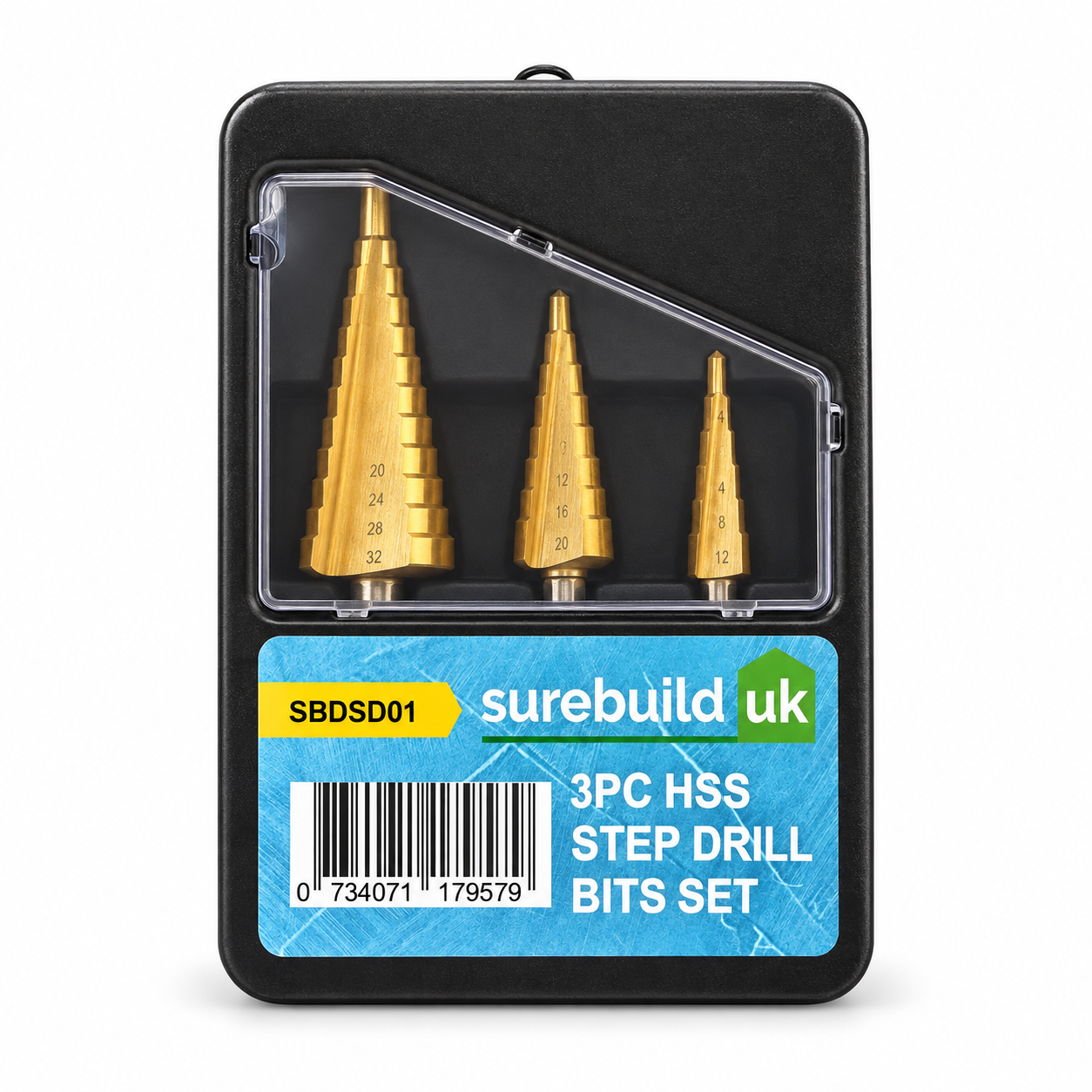 Surebuild UK HSS 3 Pc Metal Step Cone Drill Bit Cutter Set 4mm-32mm, SBDSD01