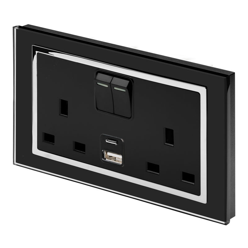 Retrotouch Crystal 13A Double Socket with 3.1A Dual USB & USBC - Black, Glass and Chrome Trim