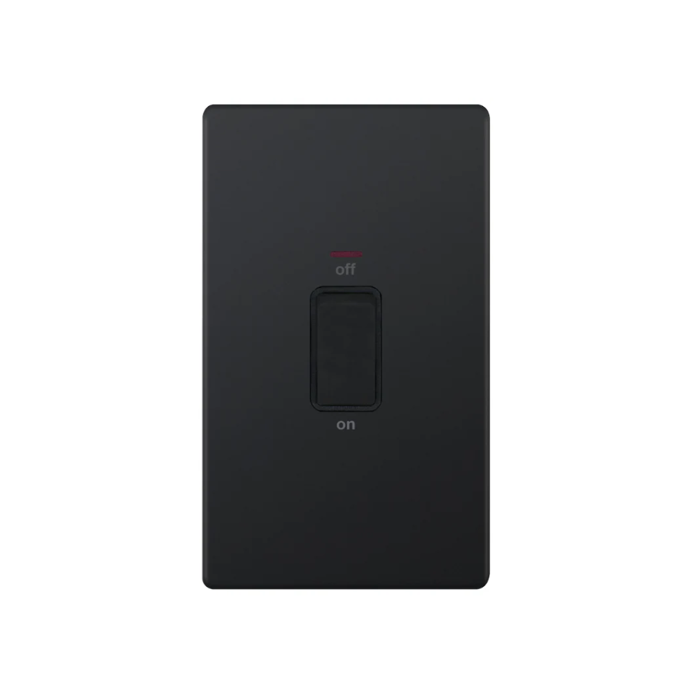 Hilton 45 Amp DP Switch with LED Neon 2 Gang Plate – Matt Black with Black Insert