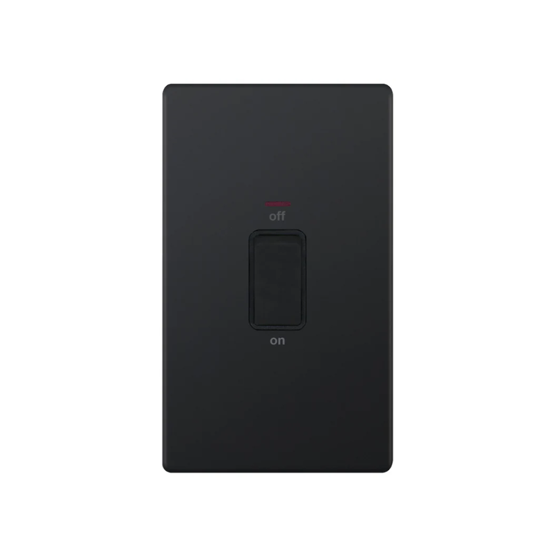 Hilton 45 Amp DP Switch with LED Neon 2 Gang Plate – Matt Black with Black Insert
