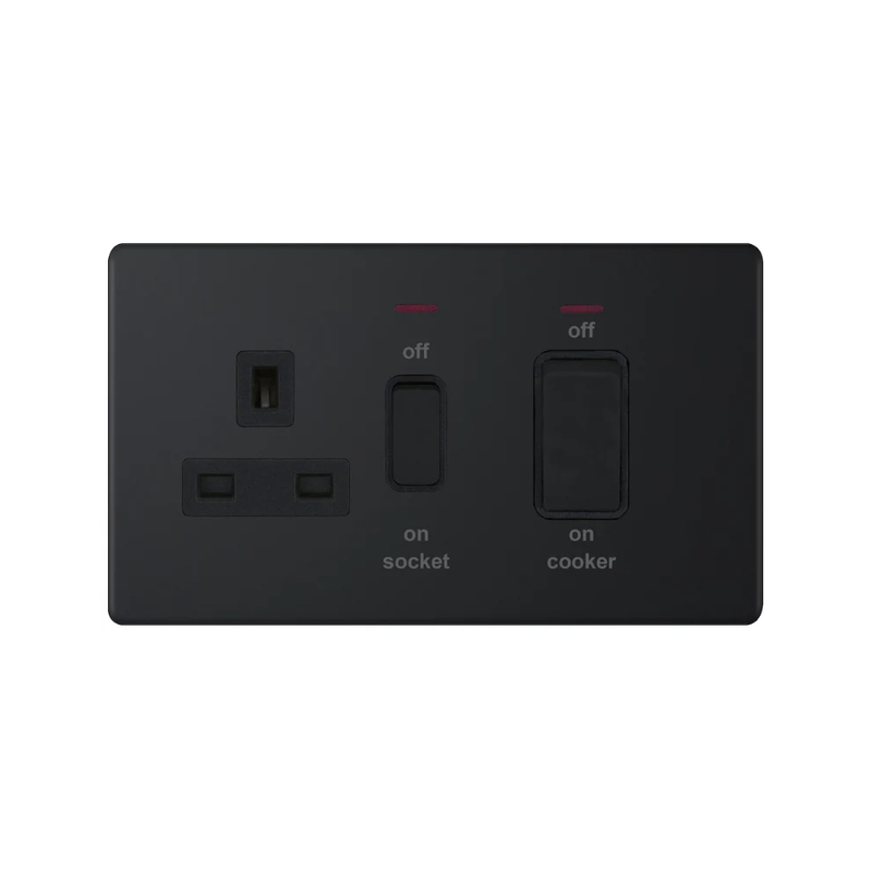 Hilton 45 Amp Cooker Unit with 13 Amp Switched Socket & LED Neons – Matt Black with Black Insert