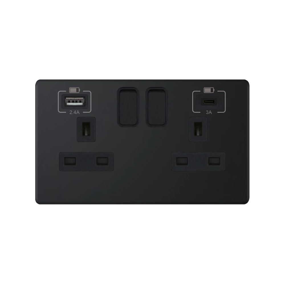 Hilton 2 Gang 13 Amp Switched Socket Outlet with USB Type-A (2.4A) & USB Type-C (3A) – Matt Black with Black Insert