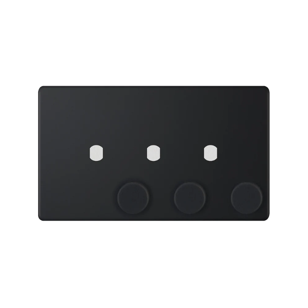 Hilton 3 Gang Screwless Empty Dimmer Plate with Knobs — Matt Black