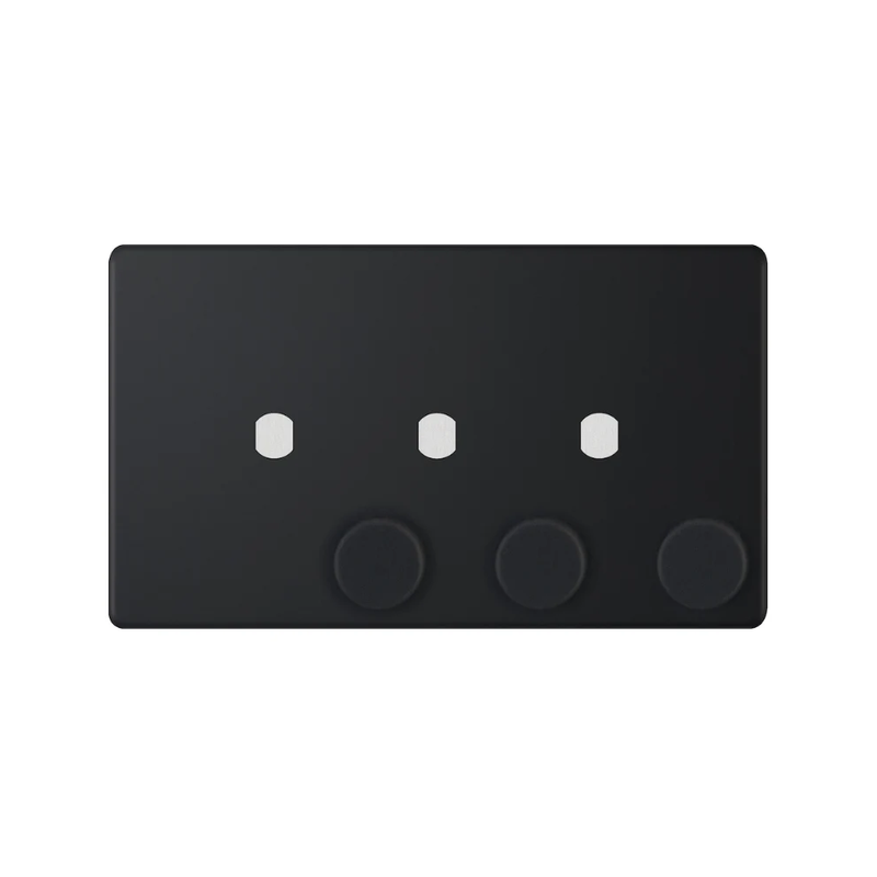 Hilton 3 Gang Screwless Empty Dimmer Plate with Knobs — Matt Black