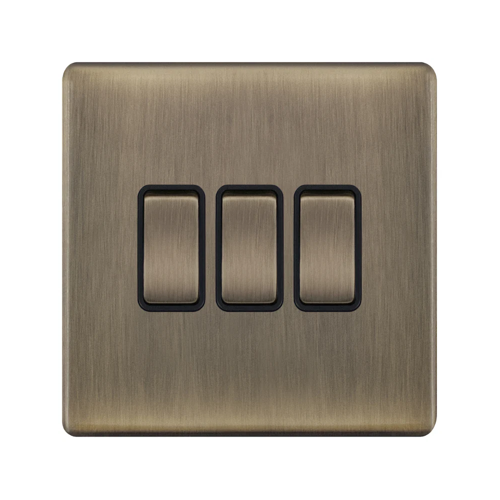 Hilton 10A 3 Gang 2 Way Screwless Plate Switch — Antique Brass