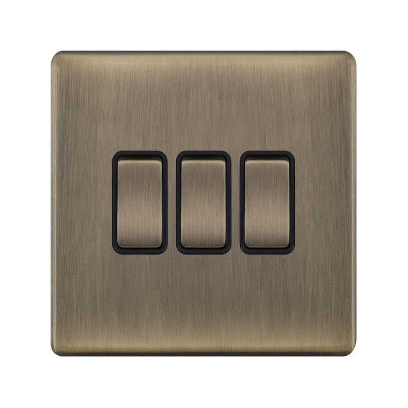 Hilton 10A 3 Gang 2 Way Screwless Plate Switch — Antique Brass