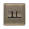 Hilton 10A 3 Gang 2 Way Screwless Plate Switch — Antique Brass
