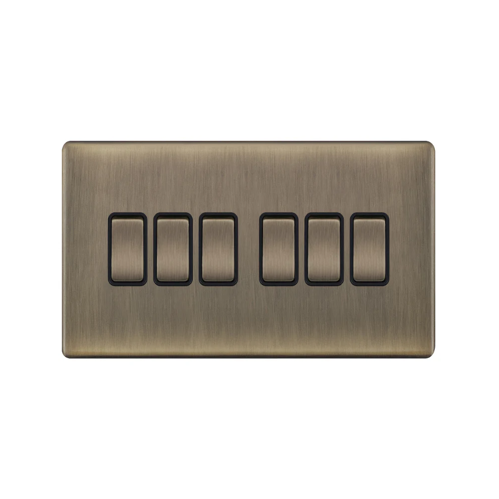 Hilton 10A 6 Gang 2 Way Screwless Plate Switch — Antique Brass