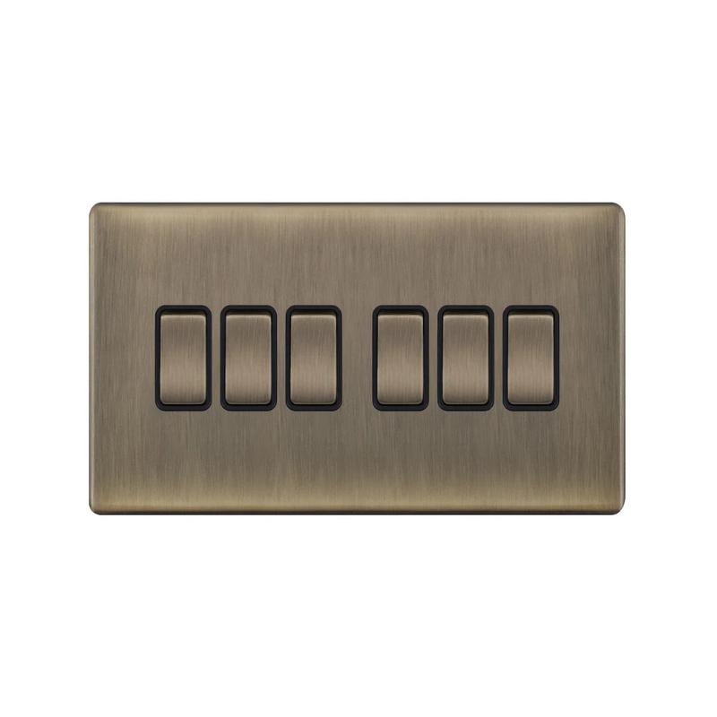 Hilton 10A 6 Gang 2 Way Screwless Plate Switch — Antique Brass