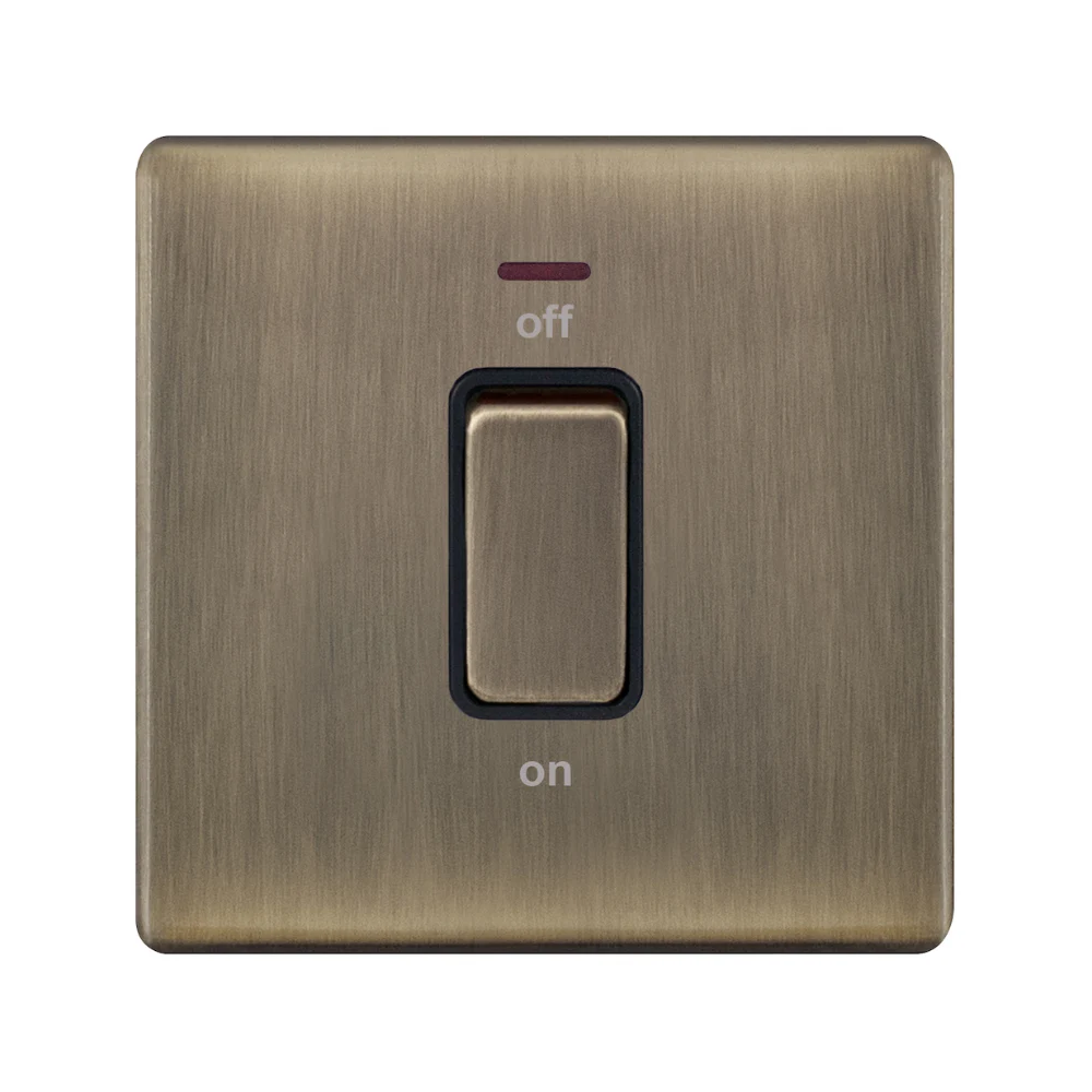 Hilton 45A 1 Gang DP Screwless Plate Switch with Neon — Antique Brass