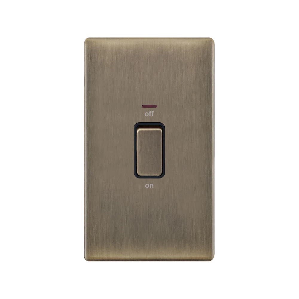 Hilton 45A 2 Gang DP Screwless Plate Switch with Neon — Antique Brass