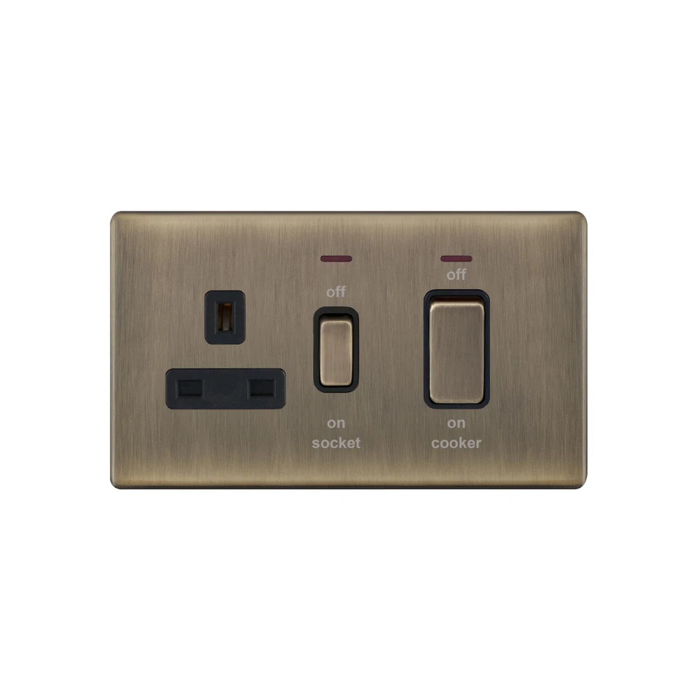 Hilton 45A Screwless Cooker Unit with 13A Switched Socket & Neon — Antique Brass
