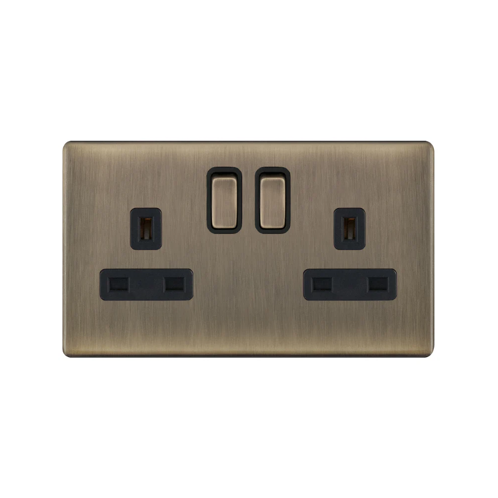 Hilton 13A 2 Gang Switched DP Screwless Socket Outlet with 2 Earth Terminals — Antique Brass