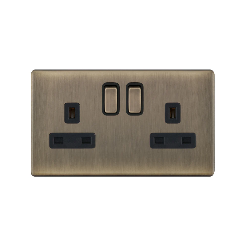 Hilton 13A 2 Gang Switched DP Screwless Socket Outlet with 2 Earth Terminals — Antique Brass