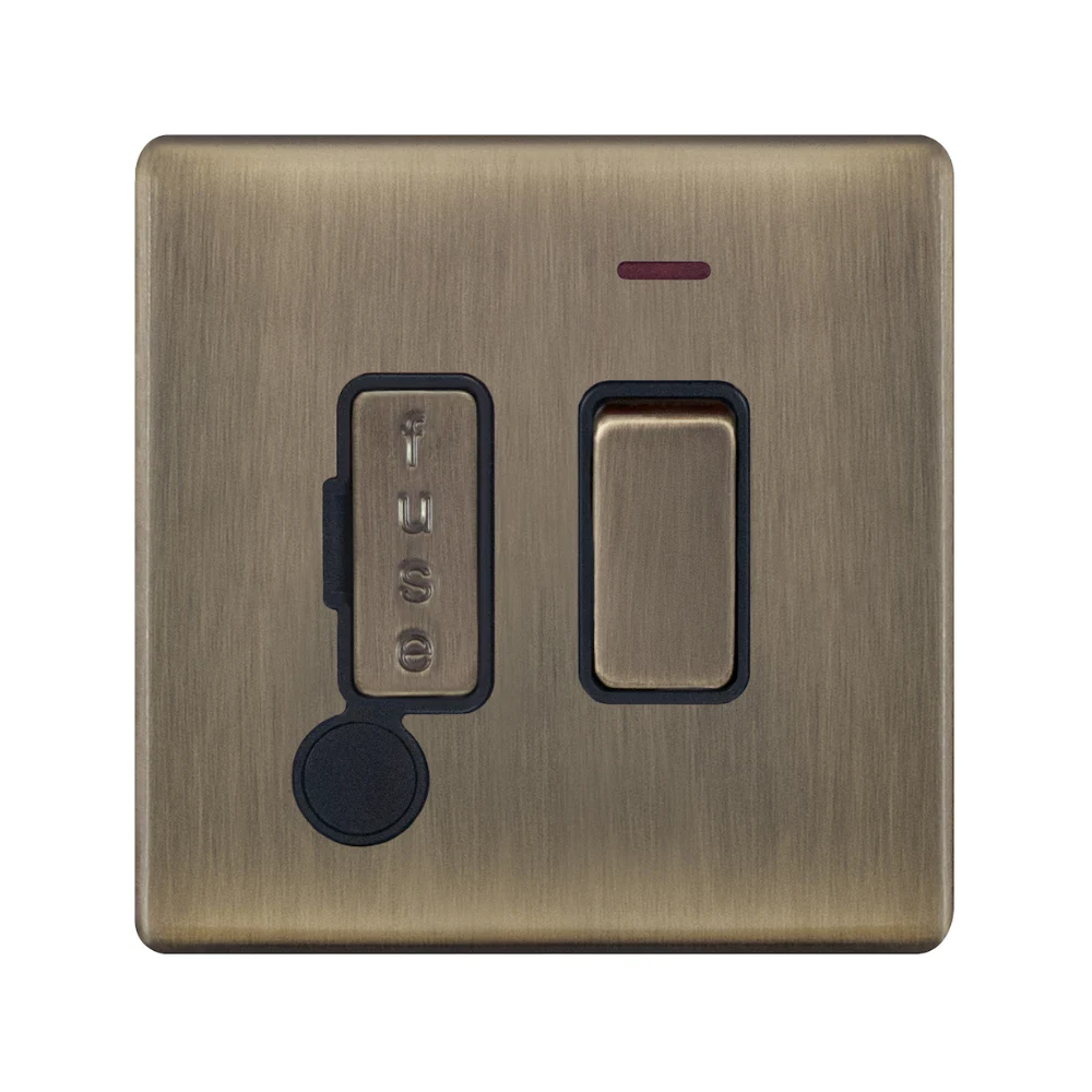 Hilton 13A DP Switched Screwless Fused Connection Unit with Neon & Flex Outlet — Antique Brass