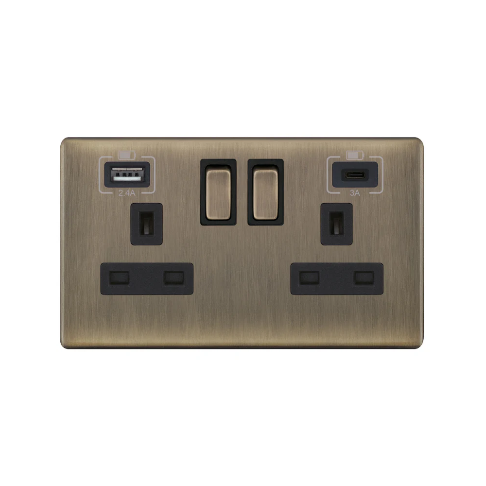 Hilton 13A 2 Gang Switched Screwless Socket Outlet with USB Type-A & USB Type-C — Antique Brass