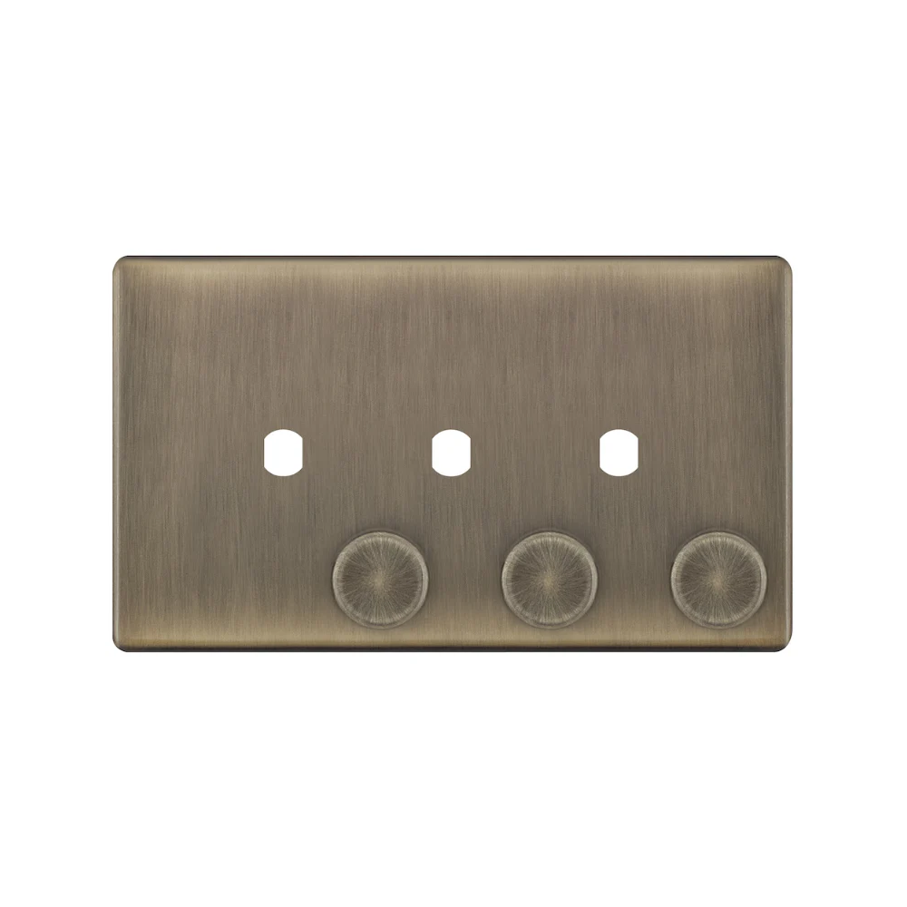 Hilton 3 Gang Screwless Empty Dimmer Plate with Knobs — Antique Brass