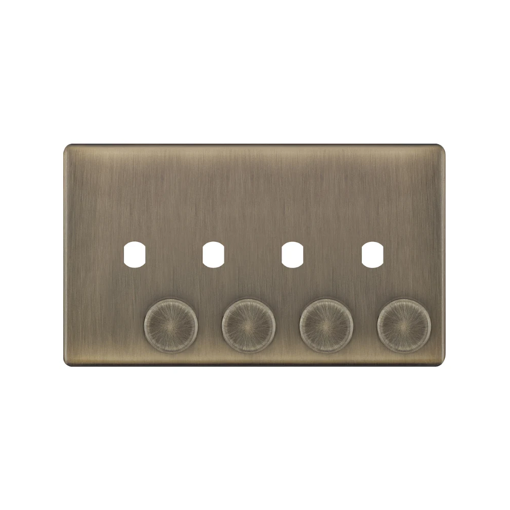 Hilton 4 Gang Screwless Empty Dimmer Plate with Knobs — Antique Brass