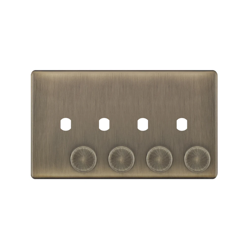 Hilton 4 Gang Screwless Empty Dimmer Plate with Knobs — Antique Brass