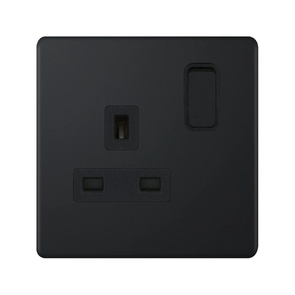 Hilton Screwless 1 Gang 13A Switched DP Socket Outlet - Matt Black, Black Insert
