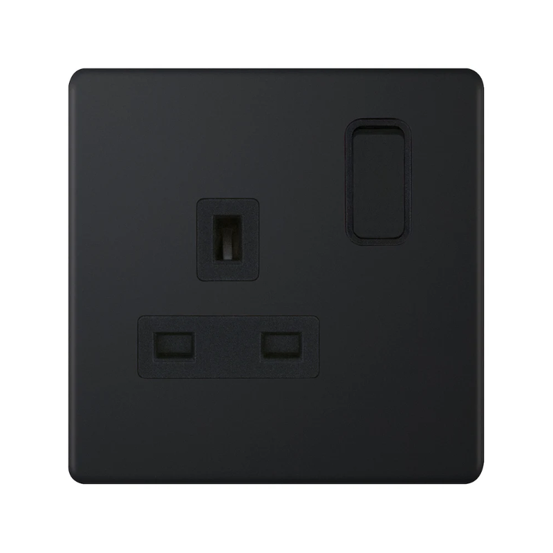 Hilton Screwless 1 Gang 13A Switched DP Socket Outlet - Matt Black, Black Insert