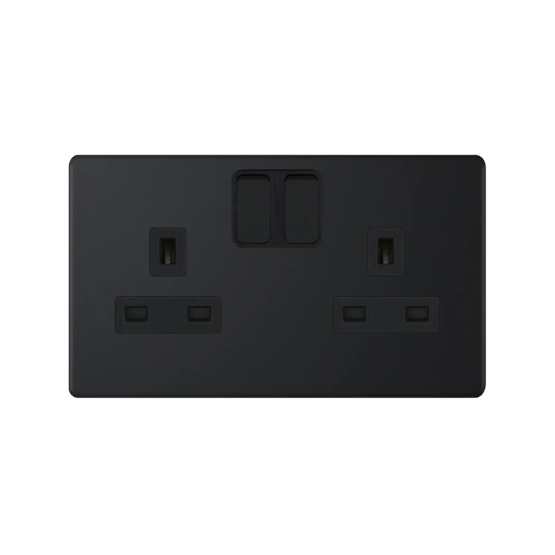Hilton Screwless 2 Gang 13A Switched SP Socket Outlet - Matt Black, Black Insert