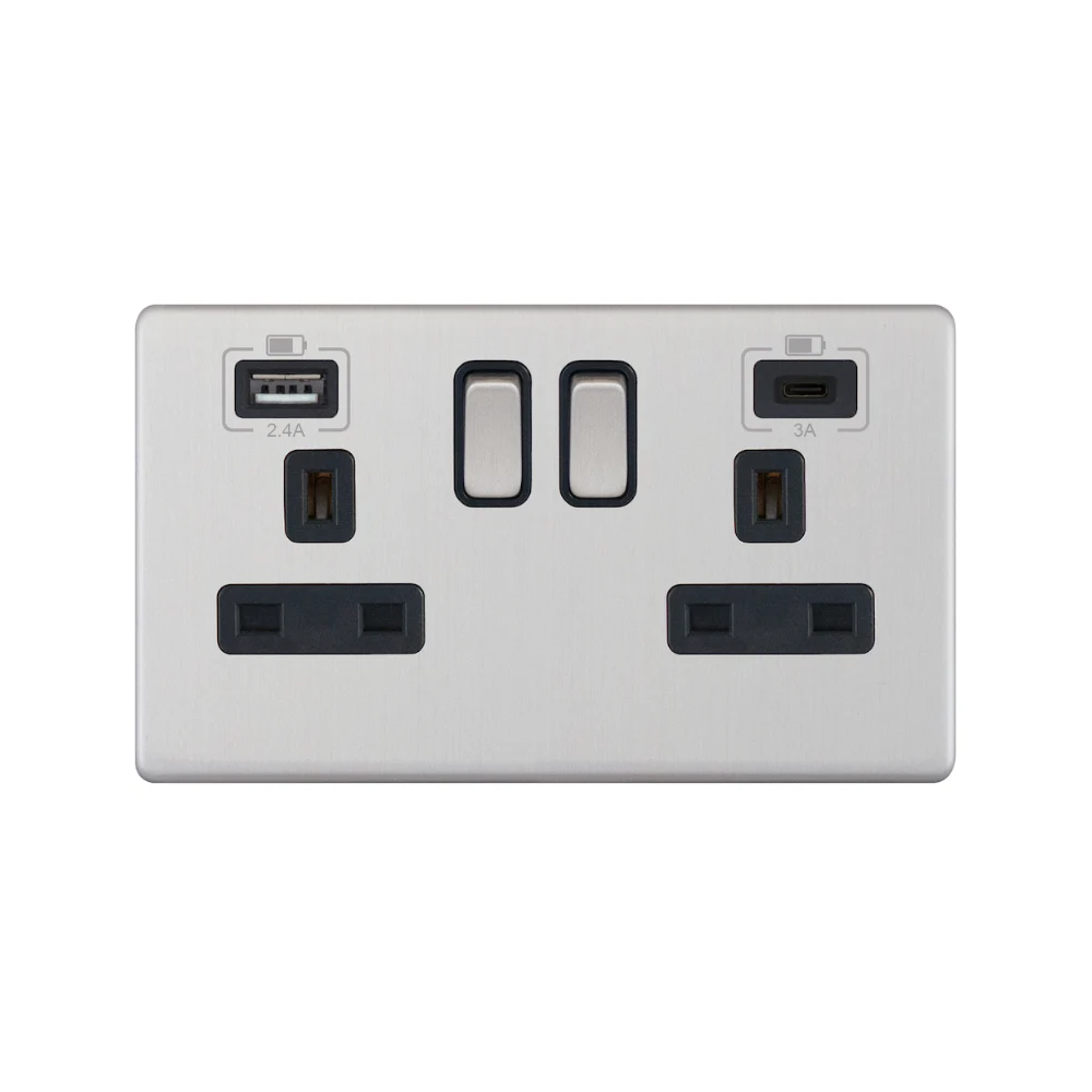 Hilton 2 gang switched with 1 x USB type A & 1 x USB type C  (2.4A / 3A)
