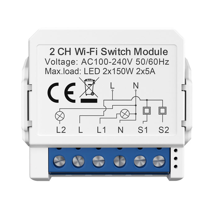 Ener-J Smart WiFi+BLE 2CH Light Switch Module (Max 2 x 150W). On/Off Switch