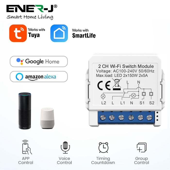 Ener-J Smart WiFi+BLE 2CH Light Switch Module (Max 2 x 150W). On/Off Switch