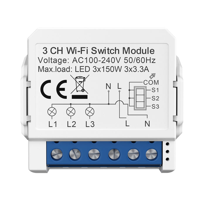 Ener-J Smart WiFi+BLE 3CH Light Switch Module (Max 3 x 150W). On/Off Switch