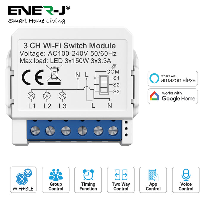 Ener-J Smart WiFi+BLE 3CH Light Switch Module (Max 3 x 150W). On/Off Switch