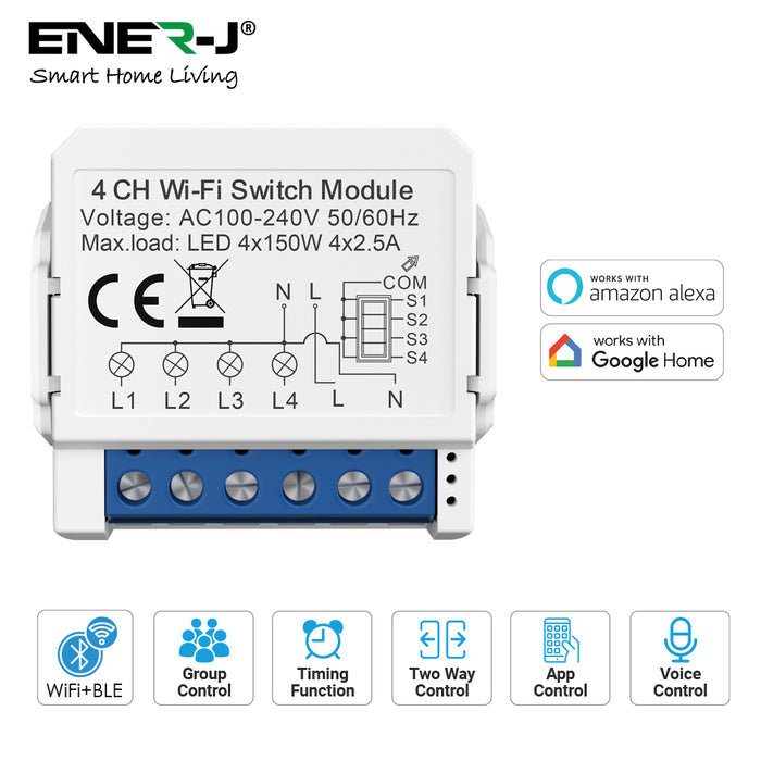 Ener-J Smart WiFi+BLE 4CH Light Switch Module (Max 4 x 150W). On/Off Switch