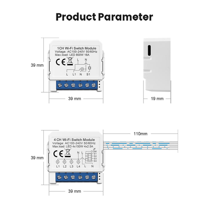 Ener-J Smart WiFi+BLE 4CH Light Switch Module (Max 4 x 150W). On/Off Switch