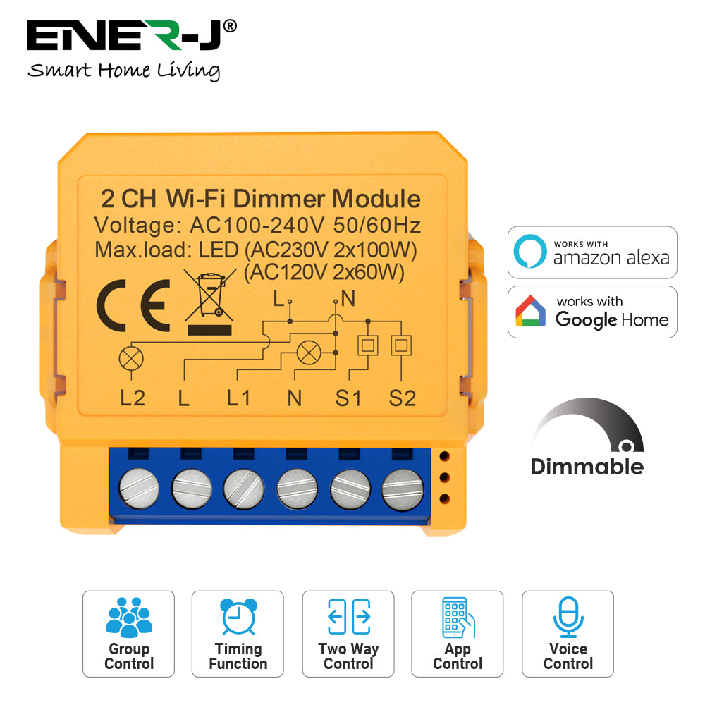 Ener-J Smart WiFi+BLE 2CH Light Switch Module (Max 2 x 150W). Dimmable