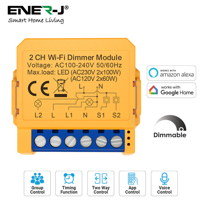 Ener-J Smart WiFi+BLE 2CH Light Switch Module (Max 2 x 150W). Dimmable