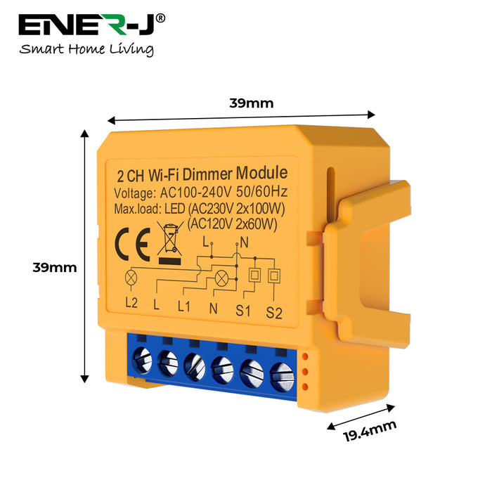 Ener-J Smart WiFi+BLE 2CH Light Switch Module (Max 2 x 150W). Dimmable