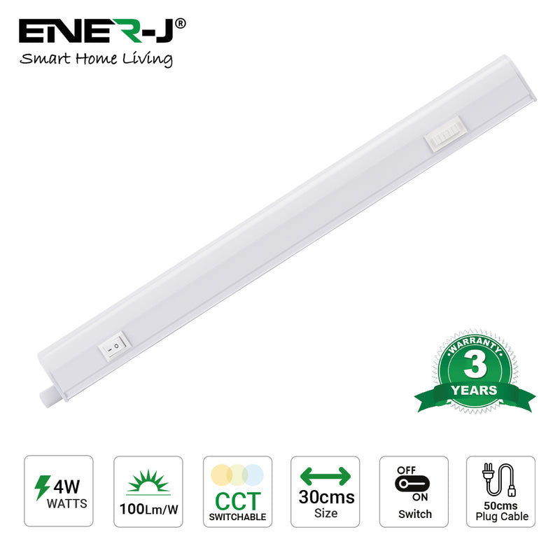 Ener-J 8W LED T5 Batten Light, 60cms, 100 Lm/W, With on/off switch, CCT Switchable,  50cms cable, 3 Years warranty