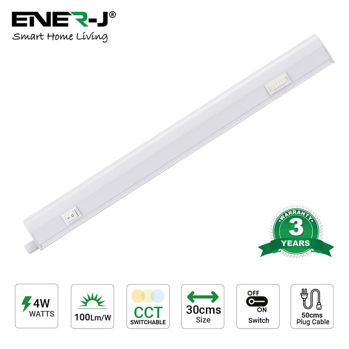 Ener-J 8W LED T5 Batten Light, 60cms, 100 Lm/W, With on/off switch, CCT Switchable,  50cms cable, 3 Years warranty