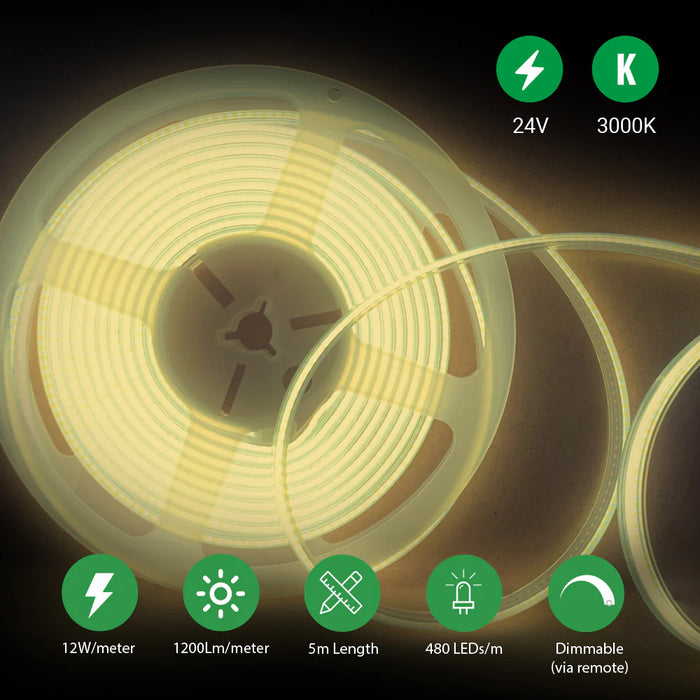 ENER-J Plug and Play 24V Dotless COB LED Strip Kit, 5m 480 LEDs/m + Dimming Controller & Remote + UK Plug, 3000K