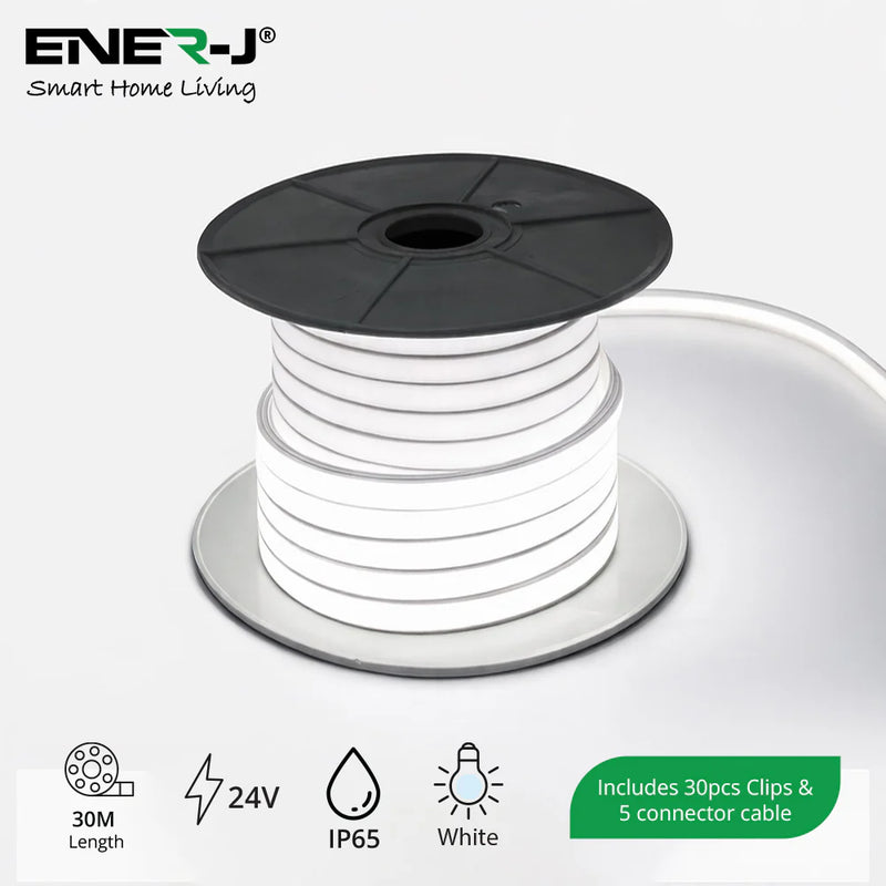 30 Meters 24V Silicon Neon Strip, IP65 Clips & 5 connector cable, White