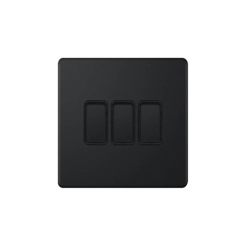 Hilton 10Amp 3 Gang 2 Way Screwless Light Switch – Matt Black with Black Insert