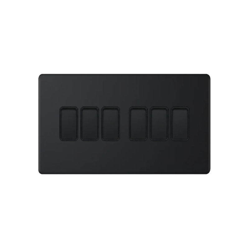 Hilton 10A 6 Gang 2 Way Screwless Light Switch – Matt Black with Black Insert