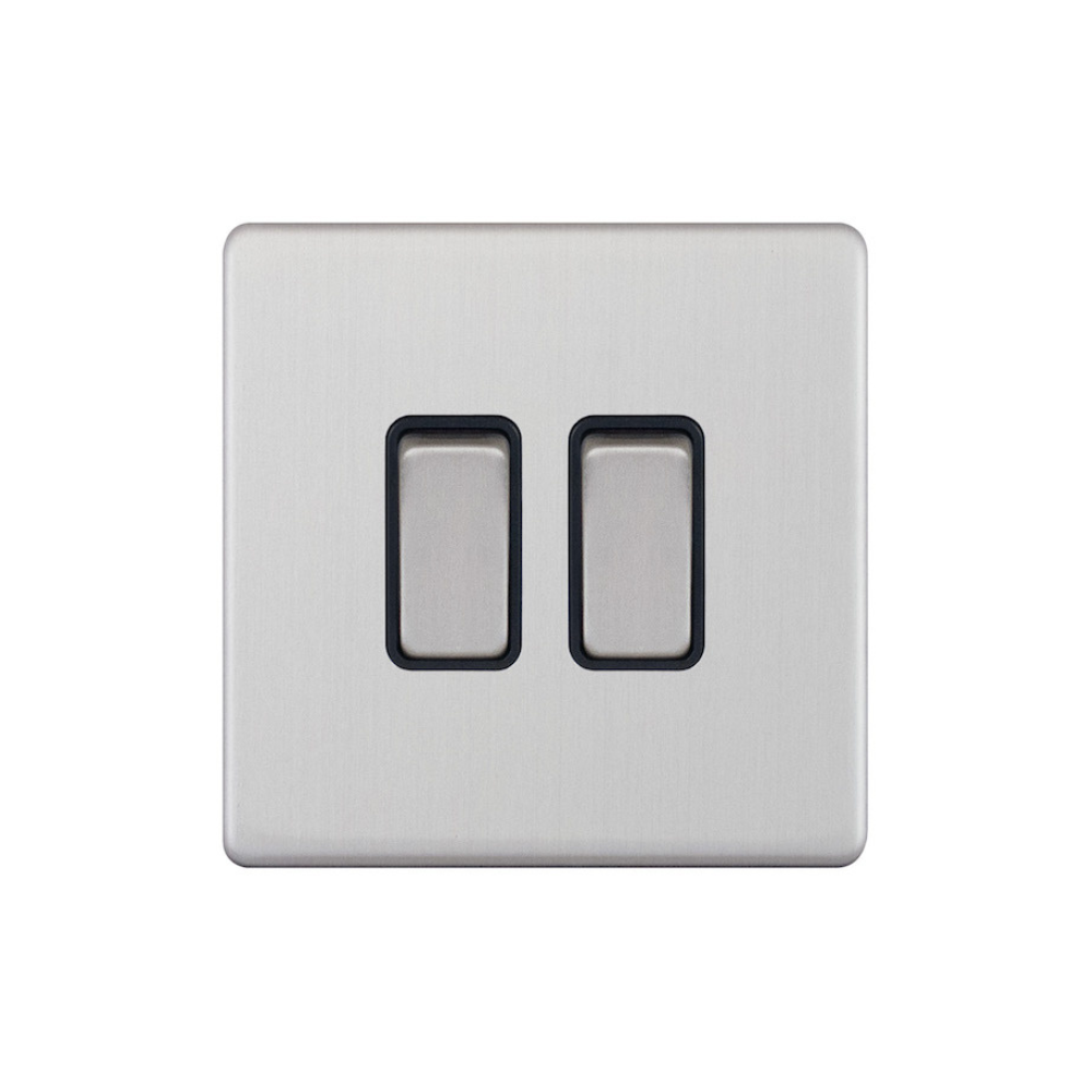 Hilton 10 Amp 2 Gang 2 Way Plate Switch - Brush Chrome with Black Insert