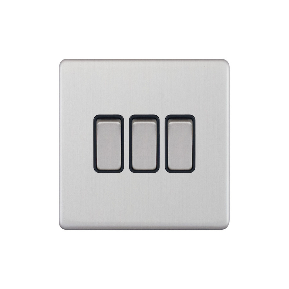 Hilton 10 Amp 3 Gang 2 Way Plate Switch - Brush Chrome with Black Insert