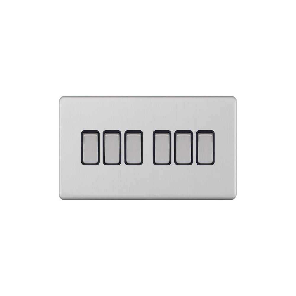Hilton 10 Amp 6 Gang 2 Way Plate Switch - Brush Chrome with Black Insert