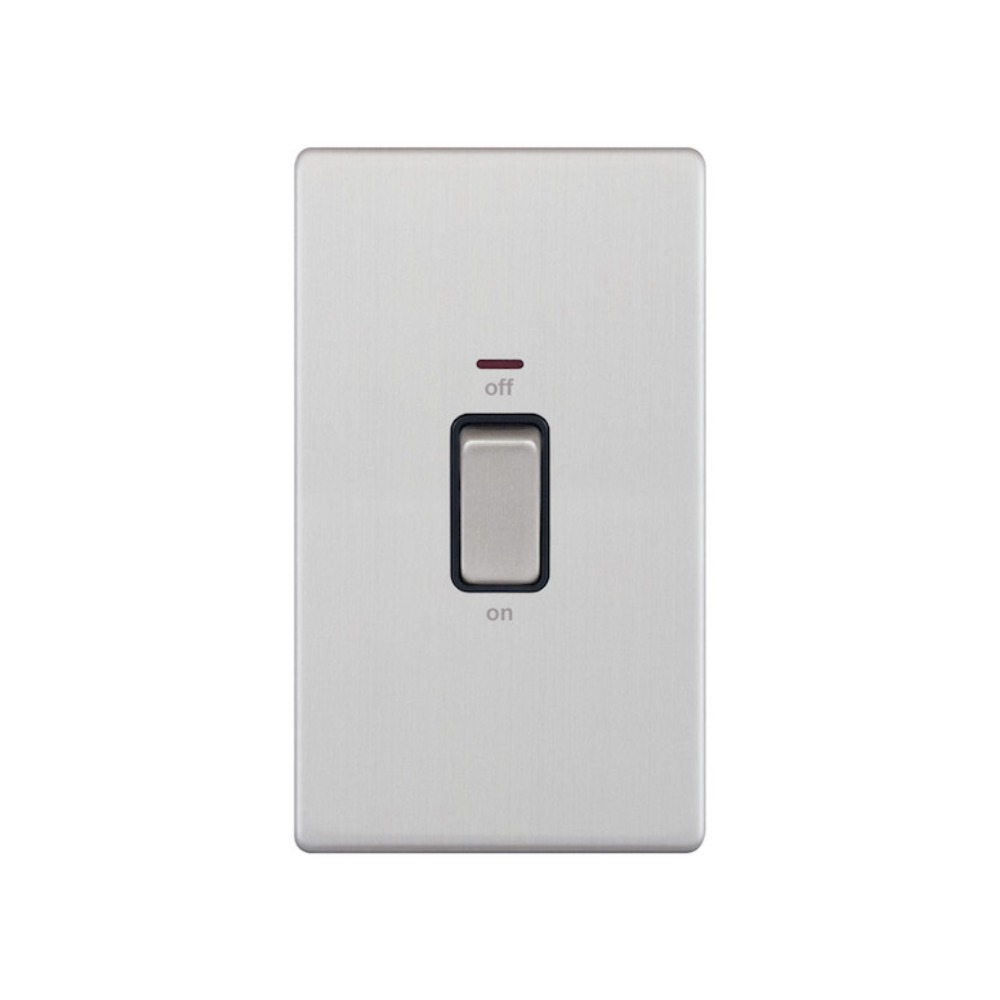 Hilton 45A Double Pole Switch Tall Plate With Neon - Brush Chrome with Black Insert
