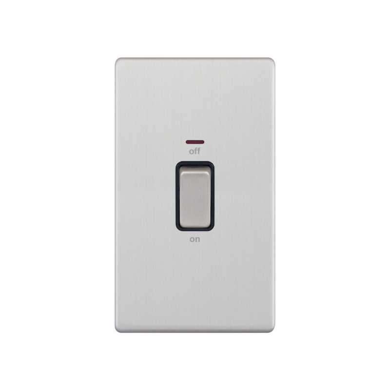 Hilton 45A Double Pole Switch Tall Plate With Neon - Brush Chrome with Black Insert